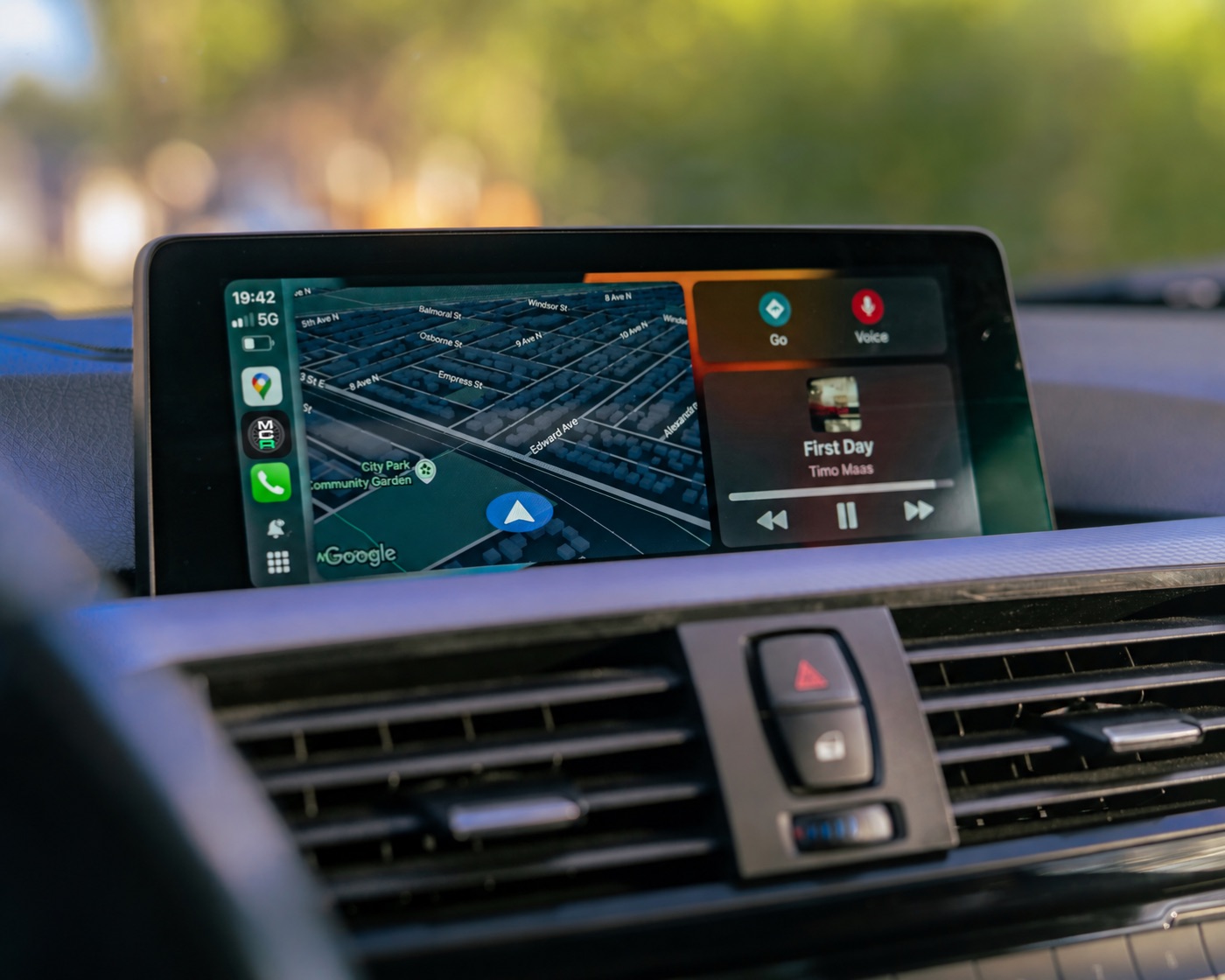 My Car Radio playing on Apple CarPlay, next to the map