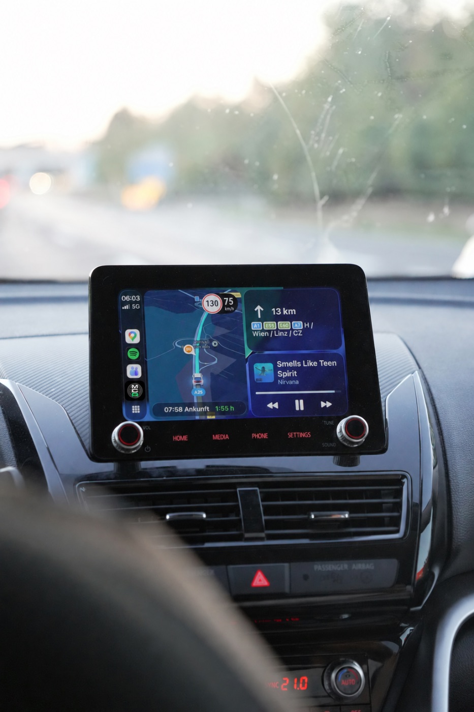 My Car Radio on a CarPlay screen, motorway driving